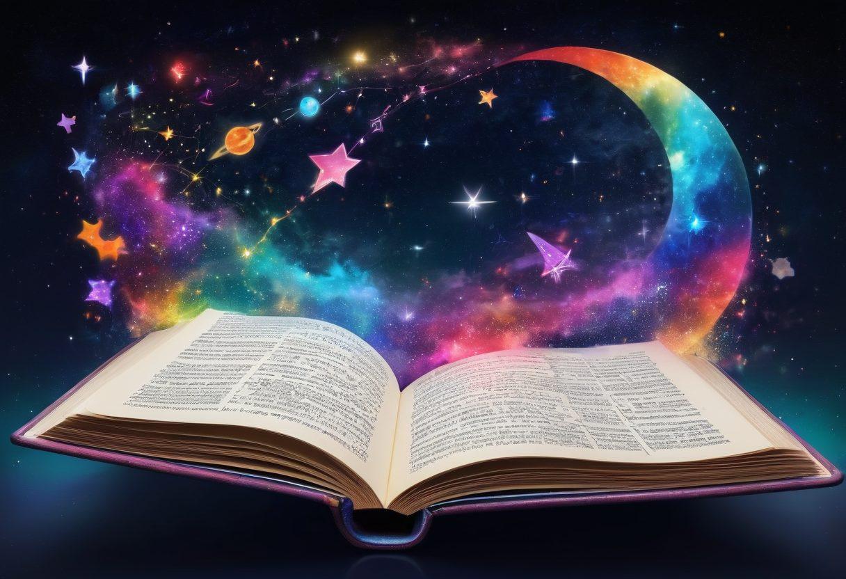 A whimsical illustration of a vast universe filled with colorful, floating letters and words, interconnected by glowing constellations representing various languages. In the foreground, an open book with pages turning magically, revealing vibrant vocabulary-building tools like flashcards and word clouds. The background features stars and planets symbolizing language mastery and exploration. fantasy art. vibrant colors. deep space theme.