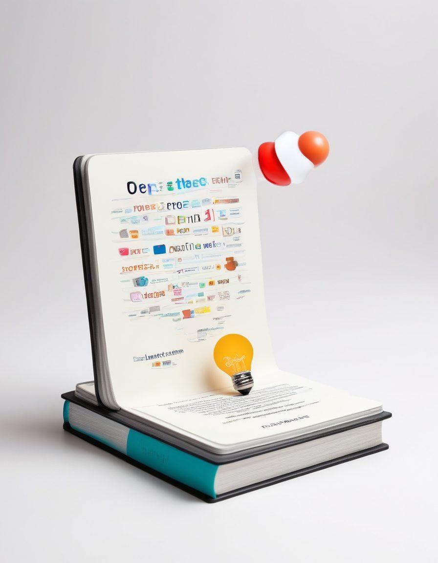 A visually engaging open thesaurus book surrounded by colorful vocabulary flashcards, each featuring a different word and its synonyms. The background includes abstract representations of language, such as words floating in the air and a lightbulb symbolizing ideas and knowledge. Bright, inviting colors to attract attention and stimulate learning. super-realistic. vibrant colors. white background.