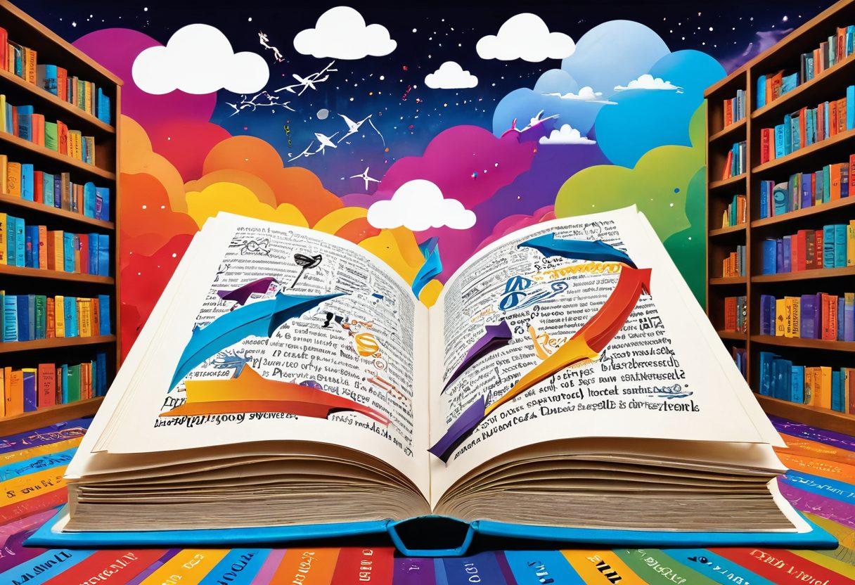 A visually striking illustration of a giant open book with swirling vibrant words and phrases emerging from its pages, symbolizing synonyms and antonyms. Surrounding the book are various colorful word bubbles showcasing diverse vocabulary, interconnected with bold arrows, representing the relationship between words. The background features a dreamy library setting with shelves of books blending seamlessly into a surreal landscape. Artistic flair with a touch of whimsy. super-realistic. vibrant colors. 3D.